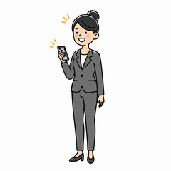 Simple Line Drawing Woman Using Smartphone Device Smiling Illustration