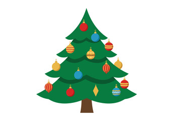 Decorated Christmas tree with assorted colorful ornaments and a brown tree trunk