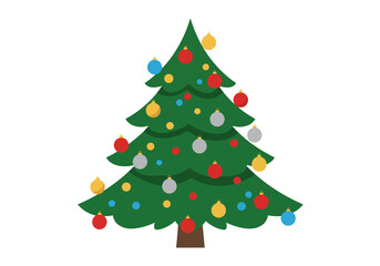 Decorated Christmas tree with colorful ornaments and a brown tree trunk on a white background