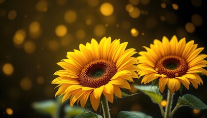 Obraz premium Luminous sunflowers showcase the intricate details of their petals against a soft, bokeh-filled background, creating a warm and inviting floral scene.