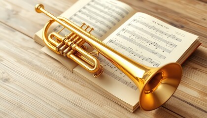 Naklejka premium Golden trumpet resting gently on an open book of sheet music, placed on a light brown wooden surface