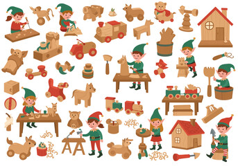 Elves crafting wooden toys in a workshop setting featuring various handmade toys