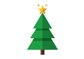 Green Christmas tree with gold star topper and brown trunk on a white background