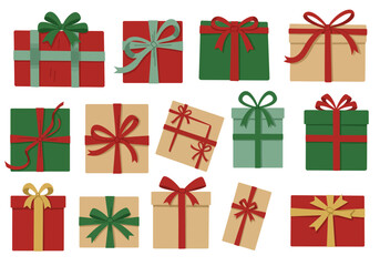 Illustration of assorted giftwrapped boxes in varying colors and ribbon styles scattered on a white background