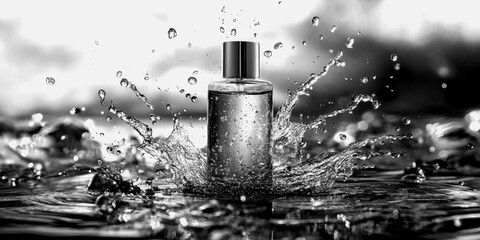 Water splashes around a perfume bottle in black and white