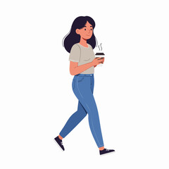 Flat Style Walking Woman Holding Coffee Cup, Lifestyle Illustration
