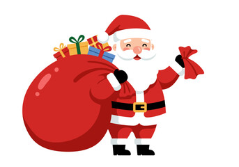 Santa Claus carries a large bag of gifts and holds a smaller red bag