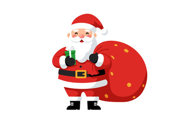 Santa Claus smiles holding a present and a sack of gifts