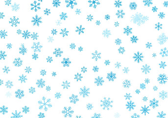 Many blue snowflake illustrations scattered on a white background
