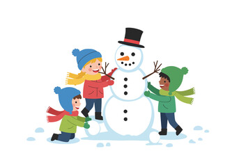 Three kids building a snowman with a carrot nose and stick arms in a snowy scene