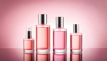 Pink perfume bottles of varying sizes on a reflective surface.  Elegance, luxury, sophistication