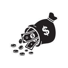 silhouette image of a Money Bag free animated icon with a white background.