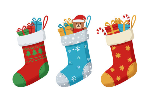 Three Christmas stockings are filled with gifts and decorations each with a unique color scheme and design