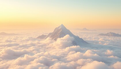 Naklejka premium Majestic mountain peak pierces through a serene blanket of soft, pastel-colored clouds at sunrise, creating a dreamlike landscape