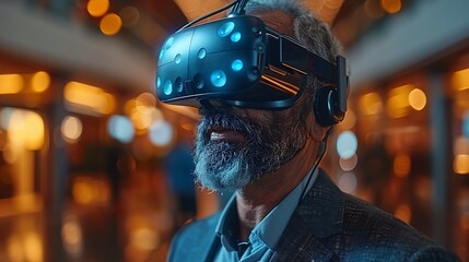 Elderly man wearing a futuristic virtual reality headset technology