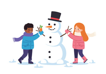 Two kids build a snowman with a carrot nose and top hat set against a white backdrop with scattered snow