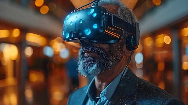 Elderly man wearing a futuristic virtual reality headset technology