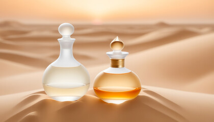 Two perfume bottles on a desert dune at sunset. Luxury serenity and contrast of nature and artifice