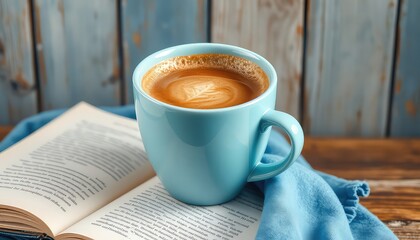 Relaxing Morning A Mug of Coffee with Latte Art and an Open Book on Wooden Surface