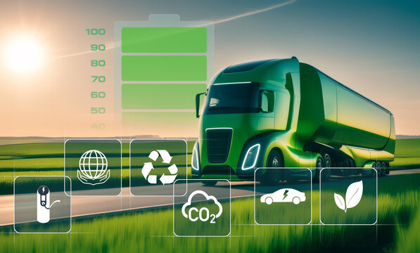 Fototapeta Futuristic electric truck driving down a road. Green mobility and sustainability environment concept