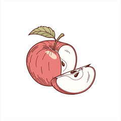 Hand drawn illustration of a red apple with a slice and leaf