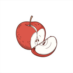 Hand drawn illustration of a red apple with a slice cut out