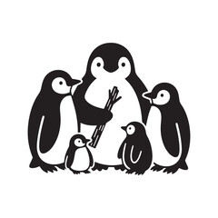 Silhouette of a cute penguin family huddled together on a white background.