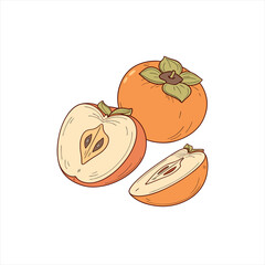 Illustration of a whole persimmon and a sliced apple on a white background