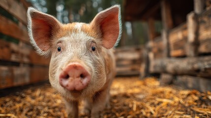 Fototapeta premium Curious piglet explores the farmyard under warm afternoon light in a natural setting
