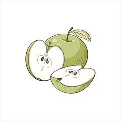 Illustration of a whole green apple with a halved apple and a slice