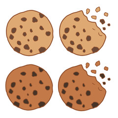 Hand drawn tasty chocolate chip cookies icon set vector illustration. Sweet bitten cookies flat icon