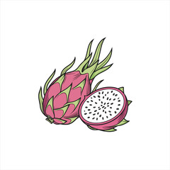 Pink dragon fruit whole and halved with white flesh and black seeds