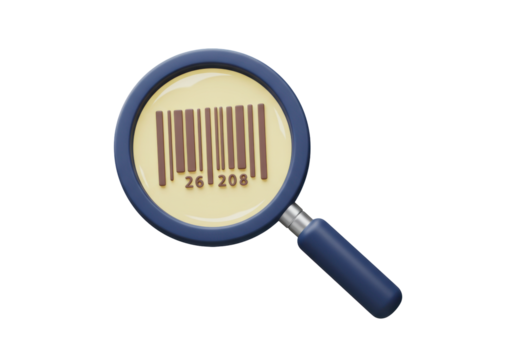 Isolated barcode under a magnifier with handle for price searching in market products