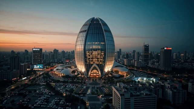 Modern architectural marvel at sunset An oval skyscraper in a bustling city