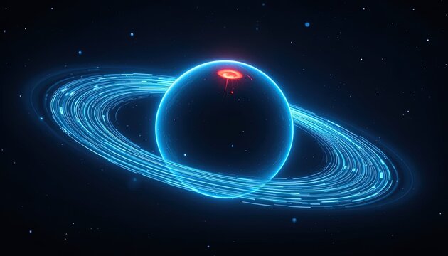 Beautiful glowing planet with vibrant blue rings and volcanic activity for futuristic sci-fi designs - Powered by Adobe