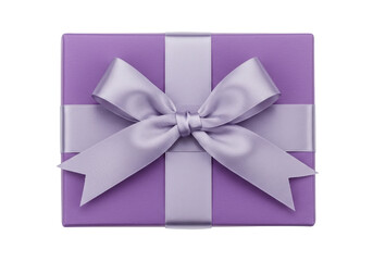 Isolated wrapped gift box with bow and ribbon, top view, celebration concept, birthday present