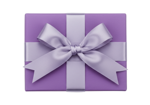 Isolated wrapped gift box with bow and ribbon, top view, celebration concept, birthday present