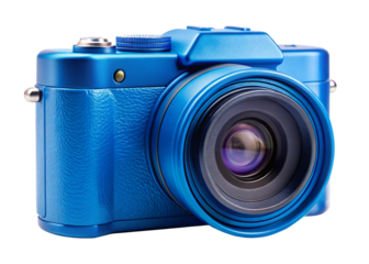 A mica blue camera with a blue lens isolated on white background