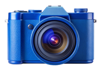 A mica blue camera with a blue lens isolated on white background