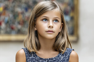 thoughtful girl stands in tranquil setting deeply engaged with abstract artwork that tells story