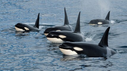 Fototapeta premium Majestic pod of orcas swimming gracefully in the ocean, a stunning scene of marine life in their natural habitat