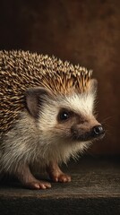 Fototapeta premium Close-up of a hedgehog against a rustic background showcasing its unique features and textures in warm lighting