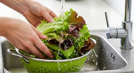 Hands washing fresh lettuce in a green colander under running water