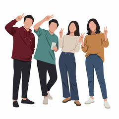 Obraz premium Minimalist Faceless Four People Illustration Diverse Group Cheerful Gestures