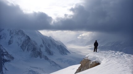 Lone traveler stands on snowy ridge, gazing at vast expanse of glaciers under dramatic sky. scene captures majesty and solitude of mountainous landscape