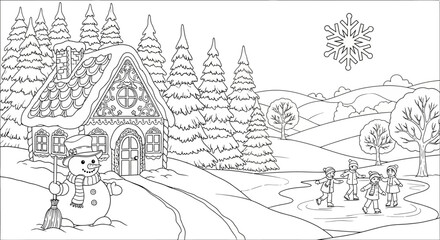 Obraz premium Winter scene with house, trees, snowman, and people skating on a pond.
