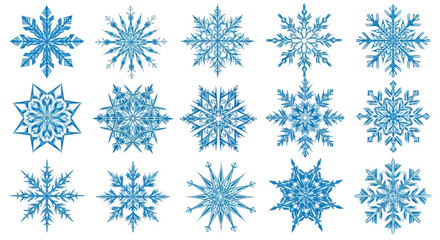 Collection of intricate, detailed snowflake designs in shades of blue.