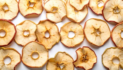 Dried apple slices arranged on a white surface