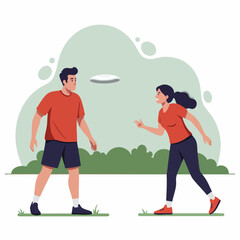 Flat Illustration Man and Woman Playing Frisbee in the Park Activity