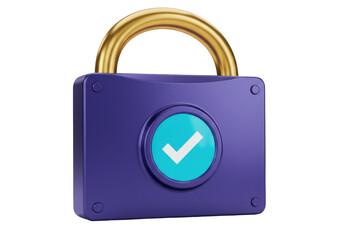 Isolated verified padlock symbol security icon, purple, gold, checkmark inside turquoise ring